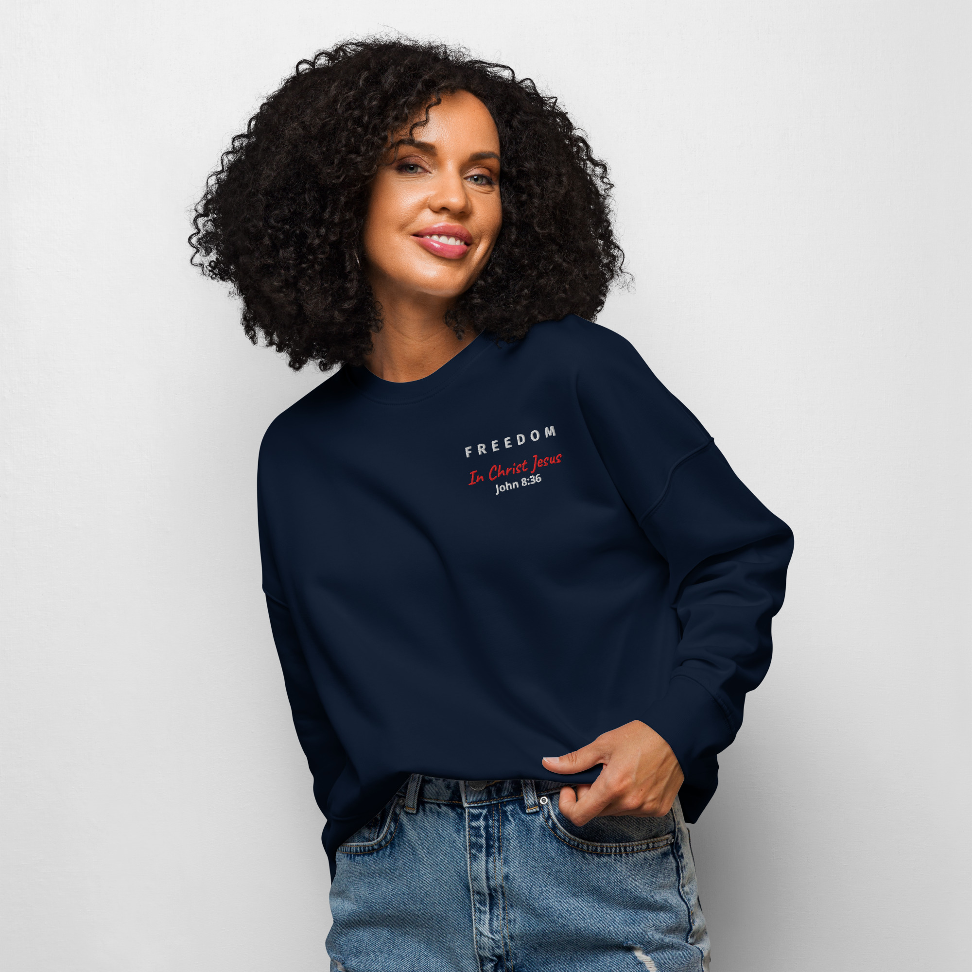 Freedom In Christ Jesus (John 8:36) Women’s Organic Crew Neck Sweatshirt - Image 9